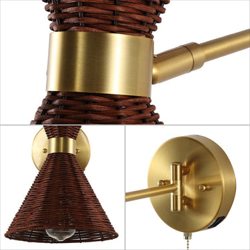 Lily 25" 1-Light Mid-Century Vintage Retro Rattan/Metal USB Charging Swing Arm LED Sconce with Pull Chain - JONATHAN Y